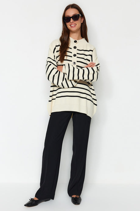 Black Striped Button Detailed Knitwear Sweater Tctaw24ak00187