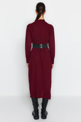 Pomegranate Faux Leather Belted Round Neck Knitwear Dress Tctaw24eb00030