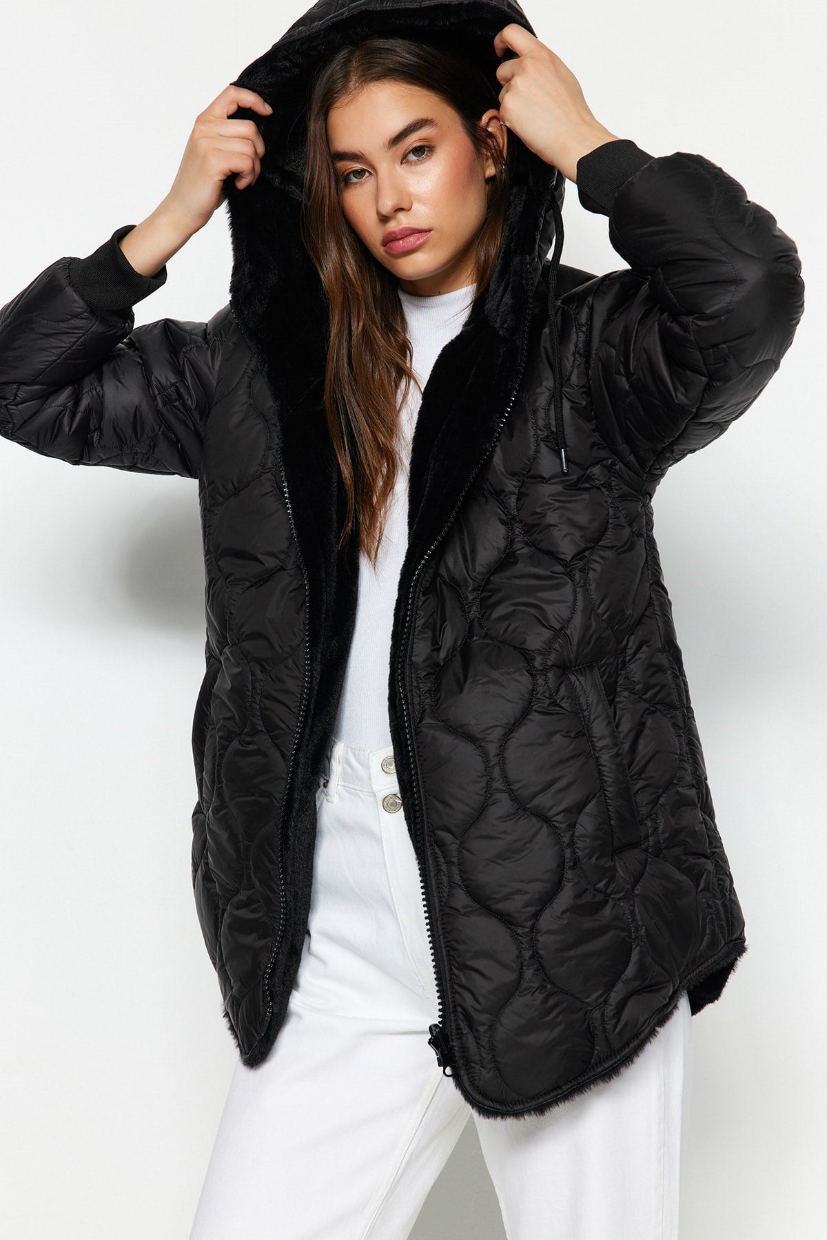 Black Hooded Double-sided Wearable Plush Quilted Inflatable Coat Twoaw24mo00018