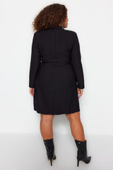 Black Plain Double Breasted Mini Woven Plus Size Dress Tbbaw24ah00058