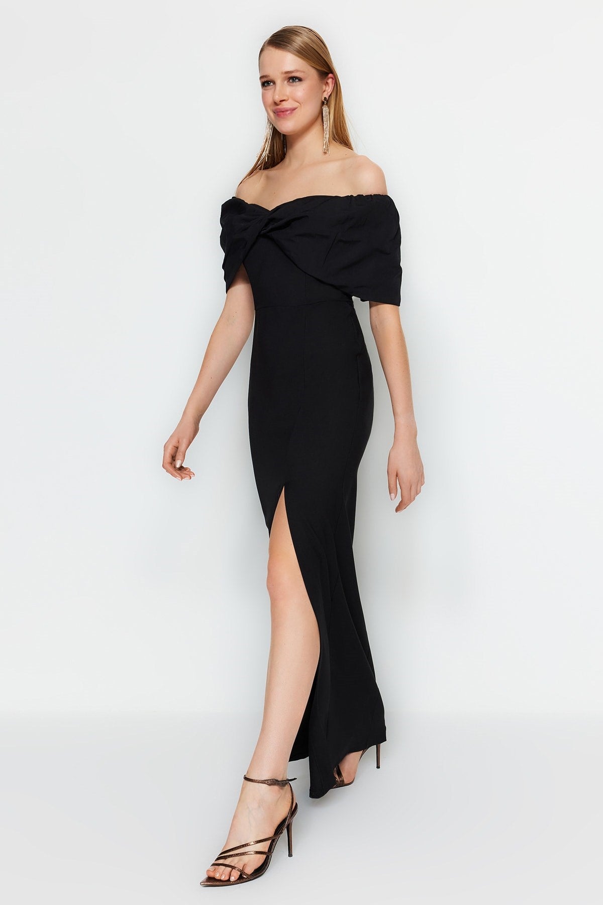 Black Lined Woven Long Night Evening Dress Tprss23ae00067