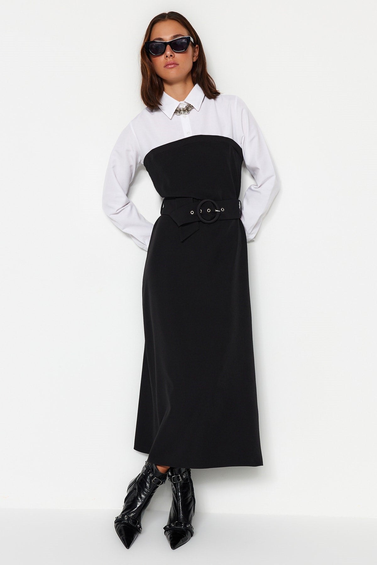 Black Belted Shirt Detailed Woven Dress Tctaw24eb00074