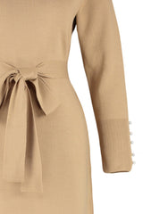 Beige Belted Pearl Detailed Long Knitwear Dress Tctaw24eb00016