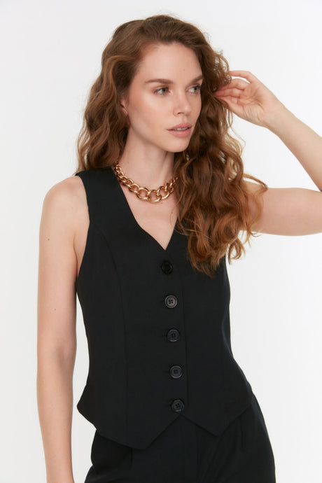 Black Regular Buttoned Woven Vest Twoss22ye0046