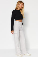 Black Cargo Wide Leg Contrast Stitching Detailed Woven Pants Twoss21pl0288