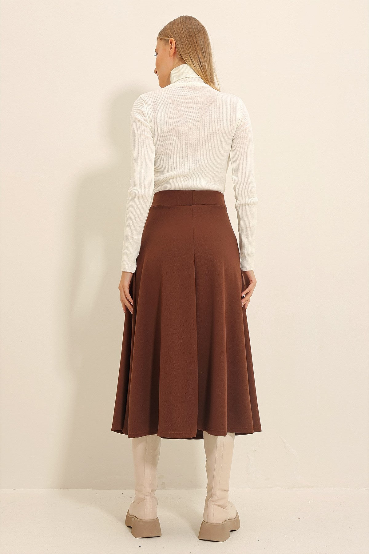 Women's Coffee High Waist Elastic A Form Midi Length Skirt Alc-x11324