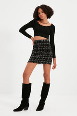 Black Tweed Fabric Mini Woven Skirt Twoaw21et0026