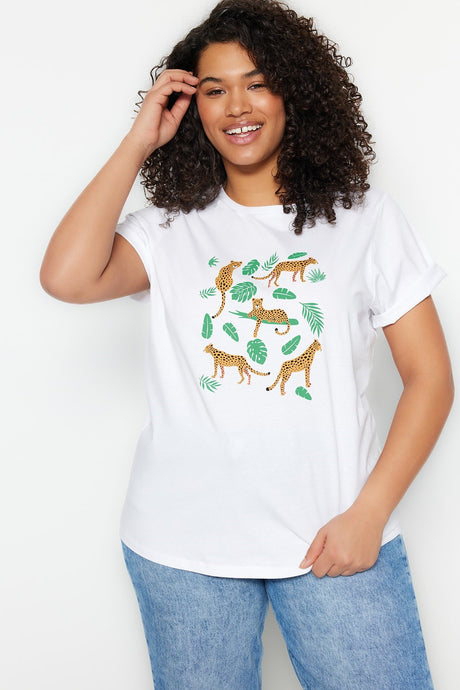 White Knitted Crew Neck Animal Pattern T-shirt Tbbss23bf00035