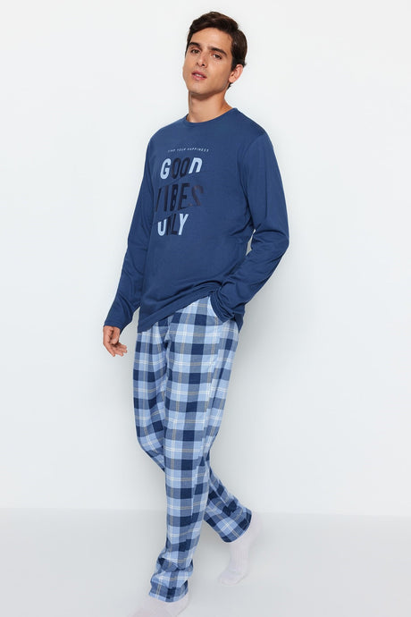 Men's Blue Regular Fit Plaid Knitted Sleepwear Set Tmnaw24pt00023