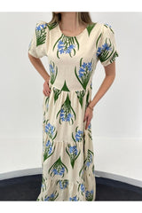 Beige Floral Print Linen Dress 90652