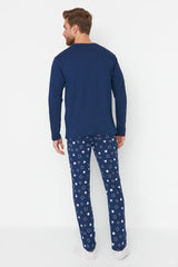 Navy Blue Men's 100% Cotton Regular Fit Printed Knitted Sleepwear Set Tmnaw23pt00029