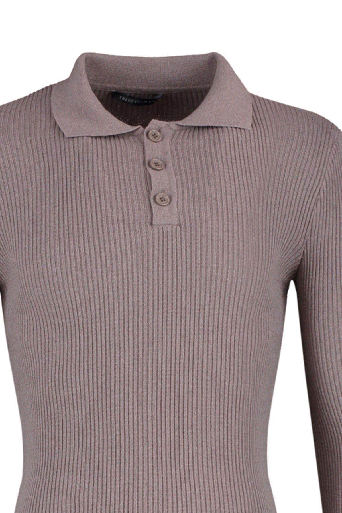 Khaki Men's Fitted Slim Fit Polo Collar Buttoned Ribbed Knit Sweater Tmnaw21kz0567