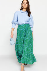 Green Floral Pattern Pleated Waist Elastic Woven Skirt Tctss23ee00018