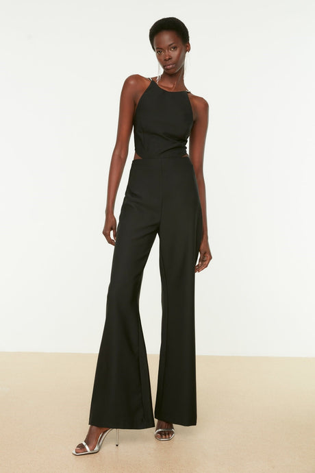 Black Waist Detailed Stone Strap Jumpsuit Tprss21tu0132