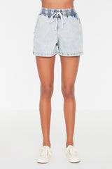 Light Blue Drawstring Detailed Denim Shorts Twoss21sr0388