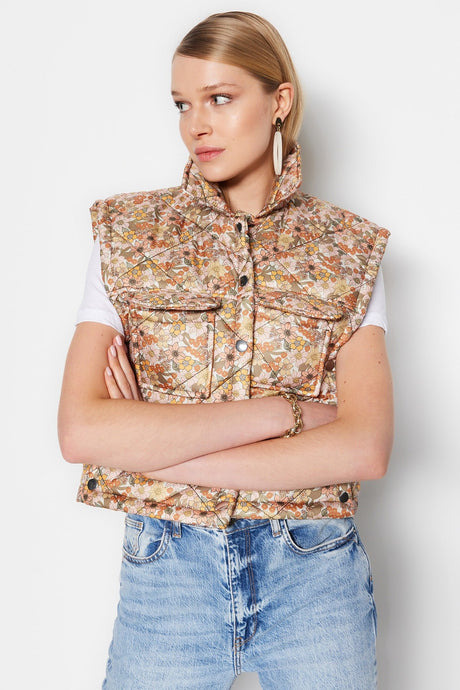 Multi Color Floral Pattern Quilted Vest Twoaw23ye00062