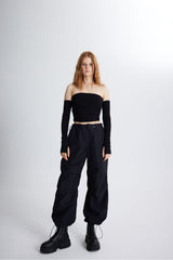 Elastic Parachute Pants With Adjustable Waist And Leg Black Hlss23-00051