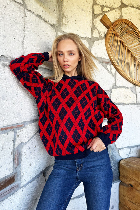 Women's Red Patterned Hooded Knitwear Thick Sweater Alc-x10926