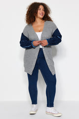 Grey Melange Sleeves Denim Detailed Knitwear Cardigan Tbbaw24av00031