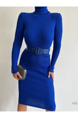 Belt Detail Turtleneck Black Color Knitwear Midi Length Evening Dress And Graduation Dress 0167 712 