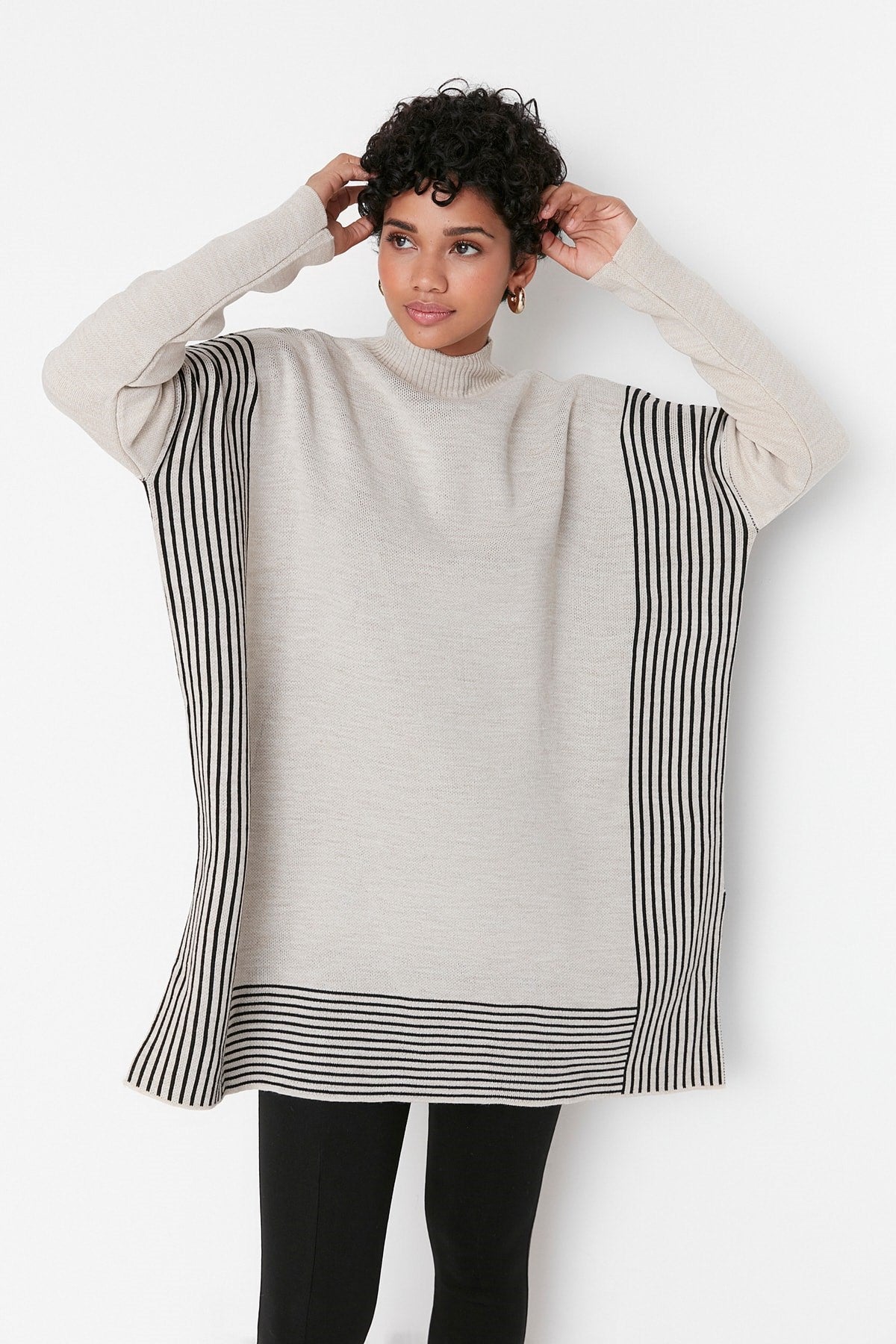 Beige Striped Knitwear Poncho Sweater Tctaw23kz00076