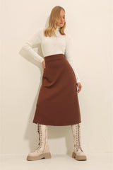 Women's Coffee High Waist Elastic A Form Midi Length Skirt Alc-x11324