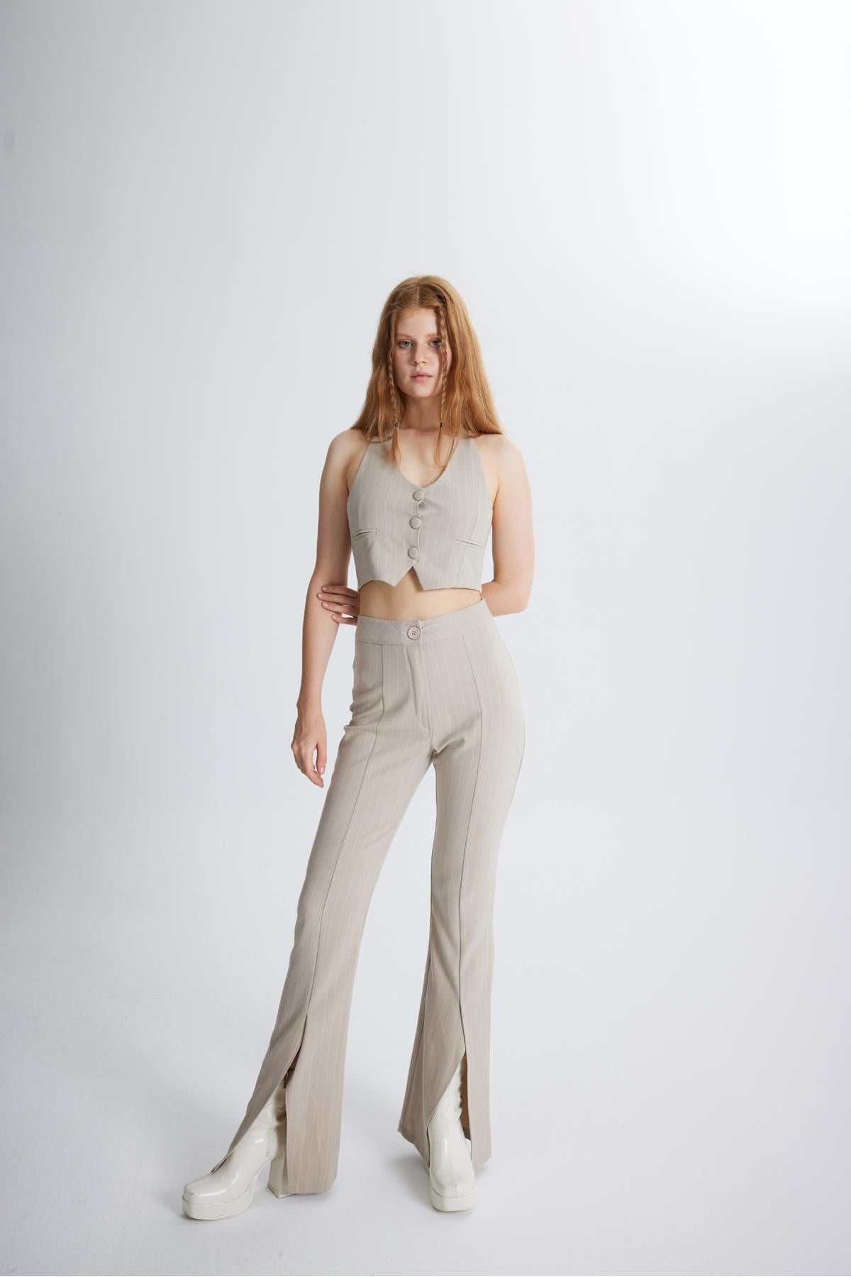 Front Slit Striped High Waist Algo Pants Beige Hlfw24-00012