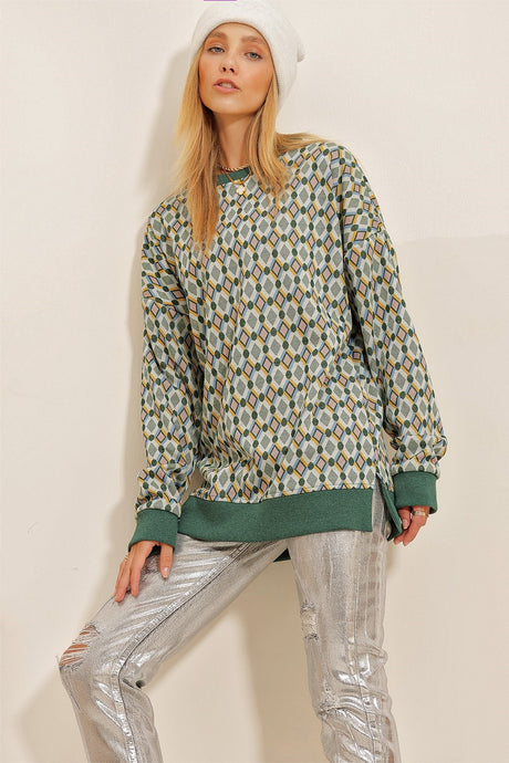 Women's Green Crew Neck Ethnic Pattern Slit Sweatshirt Alc-x10878