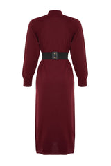 Pomegranate Faux Leather Belted Round Neck Knitwear Dress Tctaw24eb00030