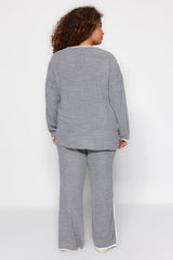 Grey Melange V Neck Knitwear Bottom Top Suit Tbbaw24cp00011