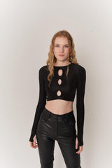 Crew Neck Long Sleeve Chest Detailed Crop Frank Blouse Black Hlfrankblouse