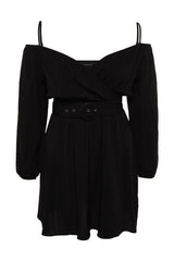 Black Belted Woven Double Neck Dress Tbbss23ah00206