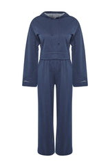 Navy Blue Wide Pattern Wide Leg Knitted Tracksuit Twoss21em0026