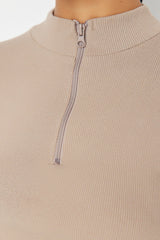 Beige Ribbed And Zipper Detailed Yoga Sports Blouse Twoaw22bz0274