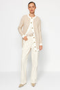 Cream Soft Textured Bouquet Gold Button Detailed Knitwear Cardigan Tctaw24th00073