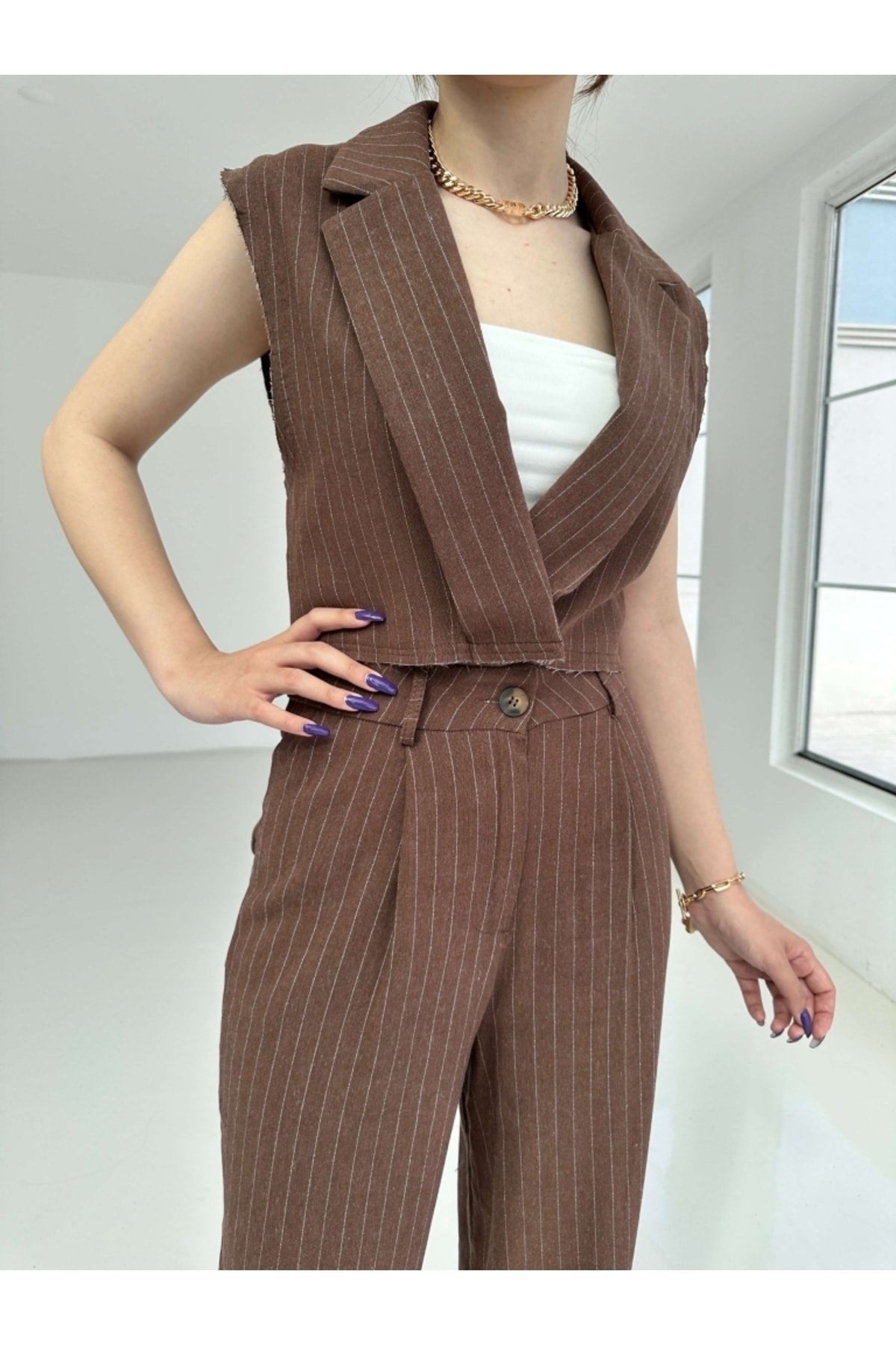 Coffee Striped Linen Vest Pants Suit 50842