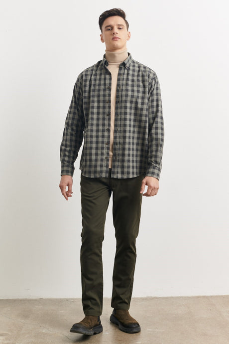 Men's Anthracite-green Comfort Fit Casual Cut Buttoned Collar Checkered Flannel Lumberjack Shirt 4a2