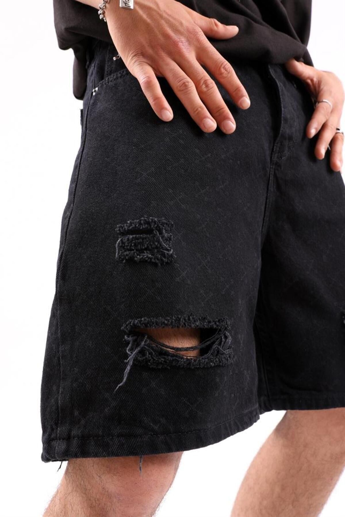 Ripped Detail Black Jean Shorts Flaw-194-009-001