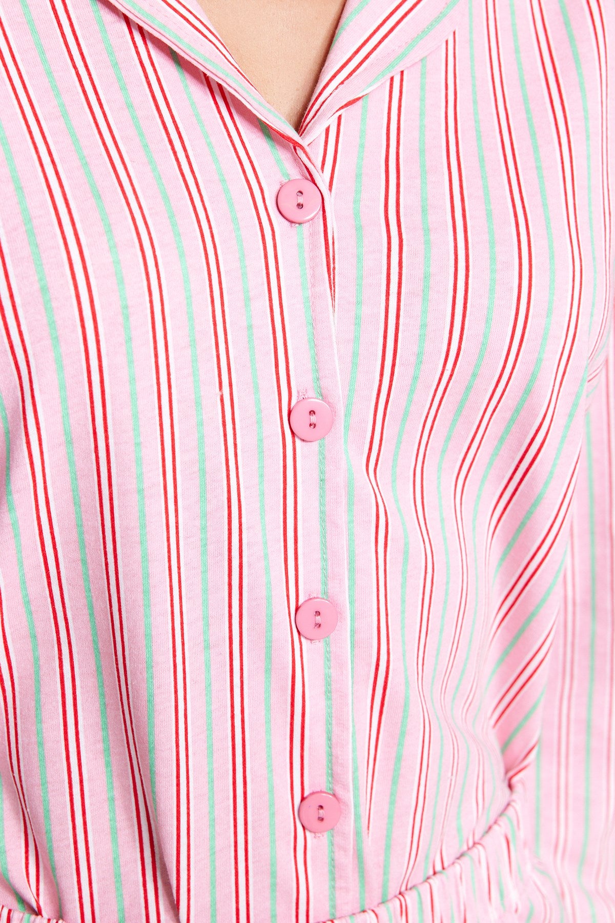 Pink 100% Cotton Striped Shirt-pants Knitted Pajama Set Thmaw24pt00144