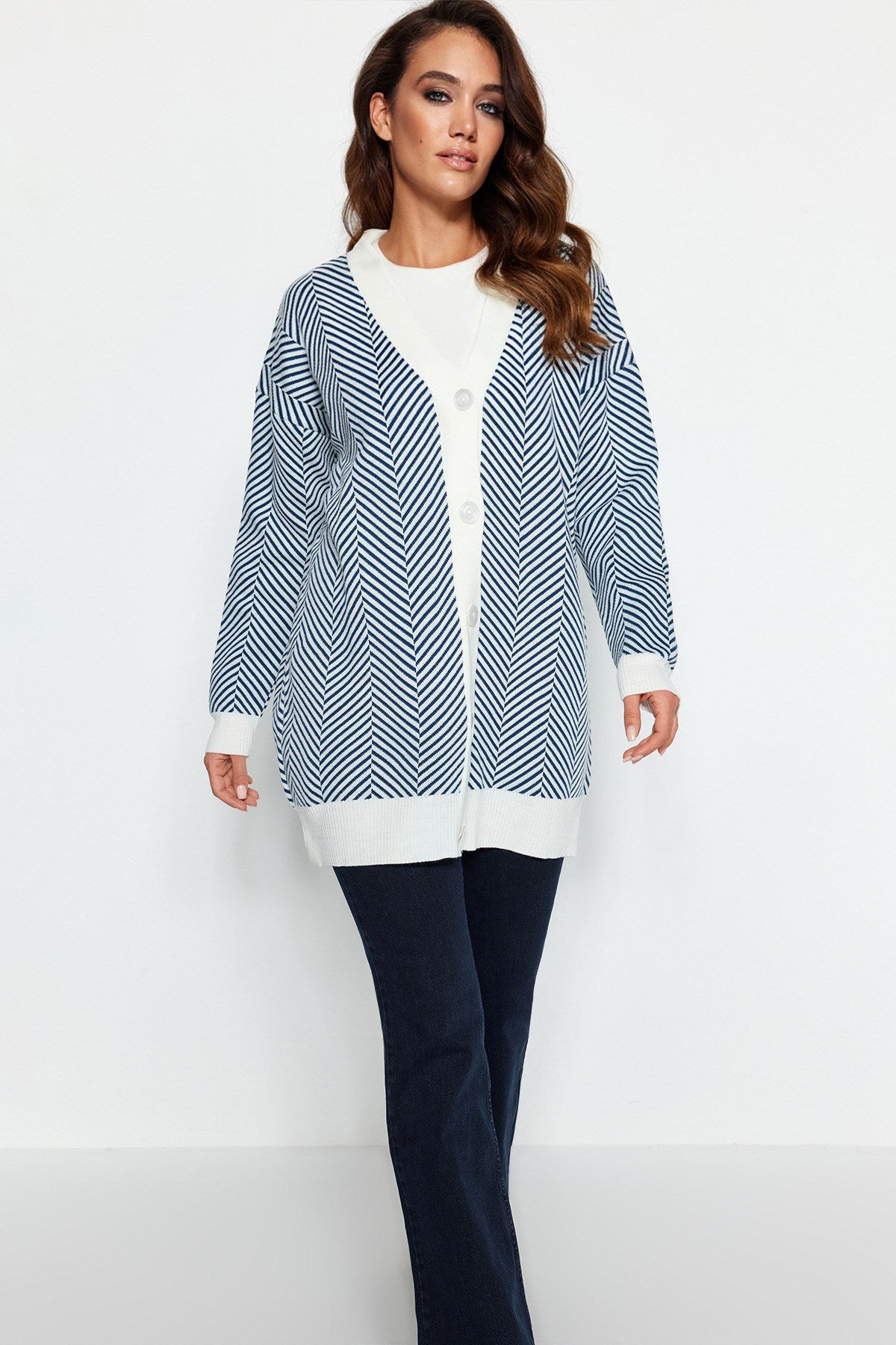 Blue Striped Knit Cardigan Tctaw23hi00070