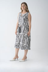 Plus Size Patterned Pool Neckline Cotton Sleeveless Dress 230440021