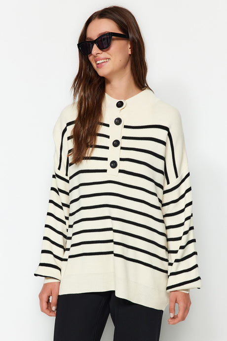 Black Striped Button Detailed Knitwear Sweater Tctaw24ak00187