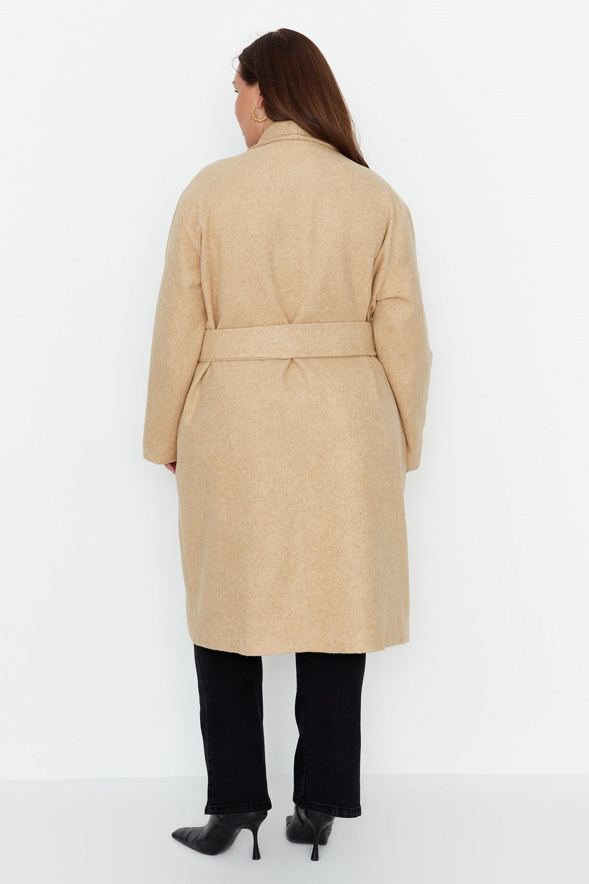 Camel Belted Oversize Cashmere Woven Coat Tbbaw23kb00004