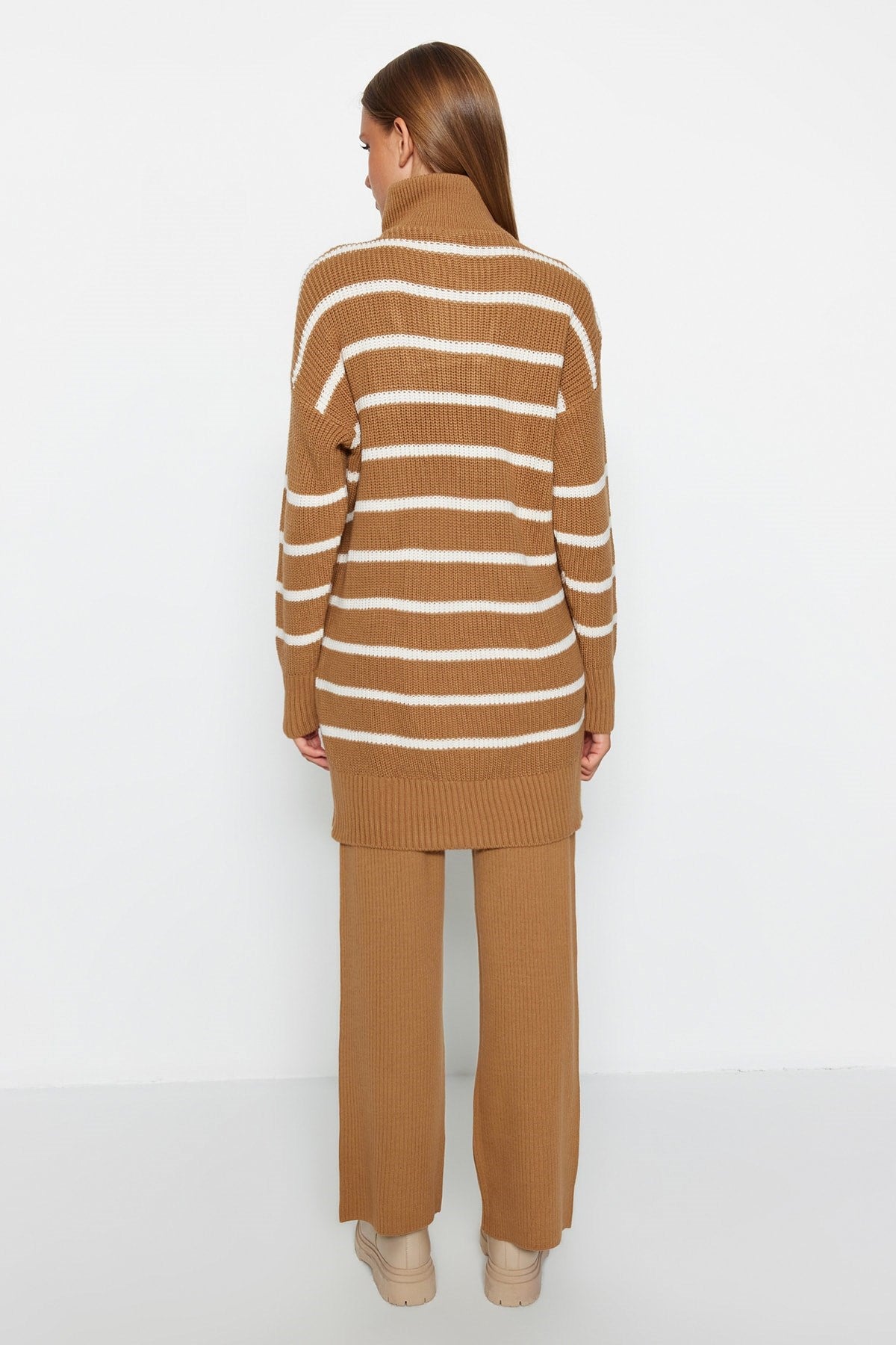 Camel Zipper Detailed Thessalonica Striped Knitwear Bottom-top Suit Tctaw24us00058