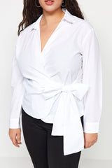 White Double Breasted Drawstring Detailed Woven Shirt Tbbss22go0628