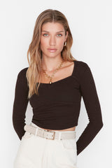 Anthracite Stitching Detailed Fitted/body-fitting Crop Ribbed Stretch Knit Blouse Twoaw22bz0530