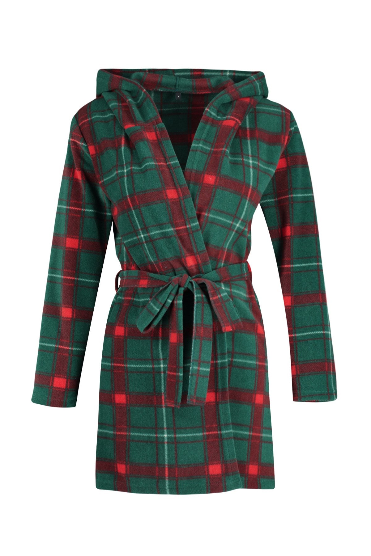 Green Plaid Pattern Hooded Fleece Knitted Dressing Gown Thmaw24sb00020