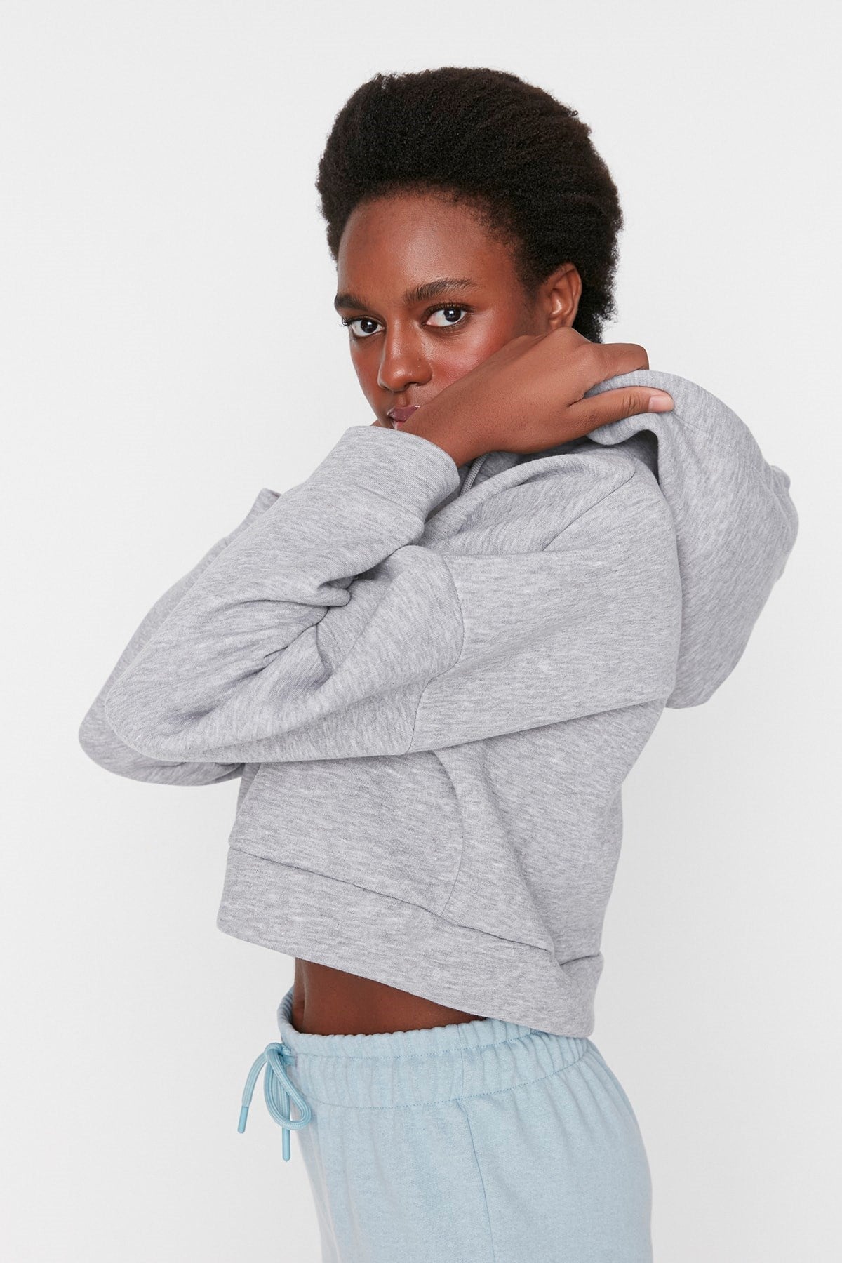 Grey Zipper Hooded Casual Fit Crop Thick Inside Polare Knitted Sweatshirt Twoaw23sw00028