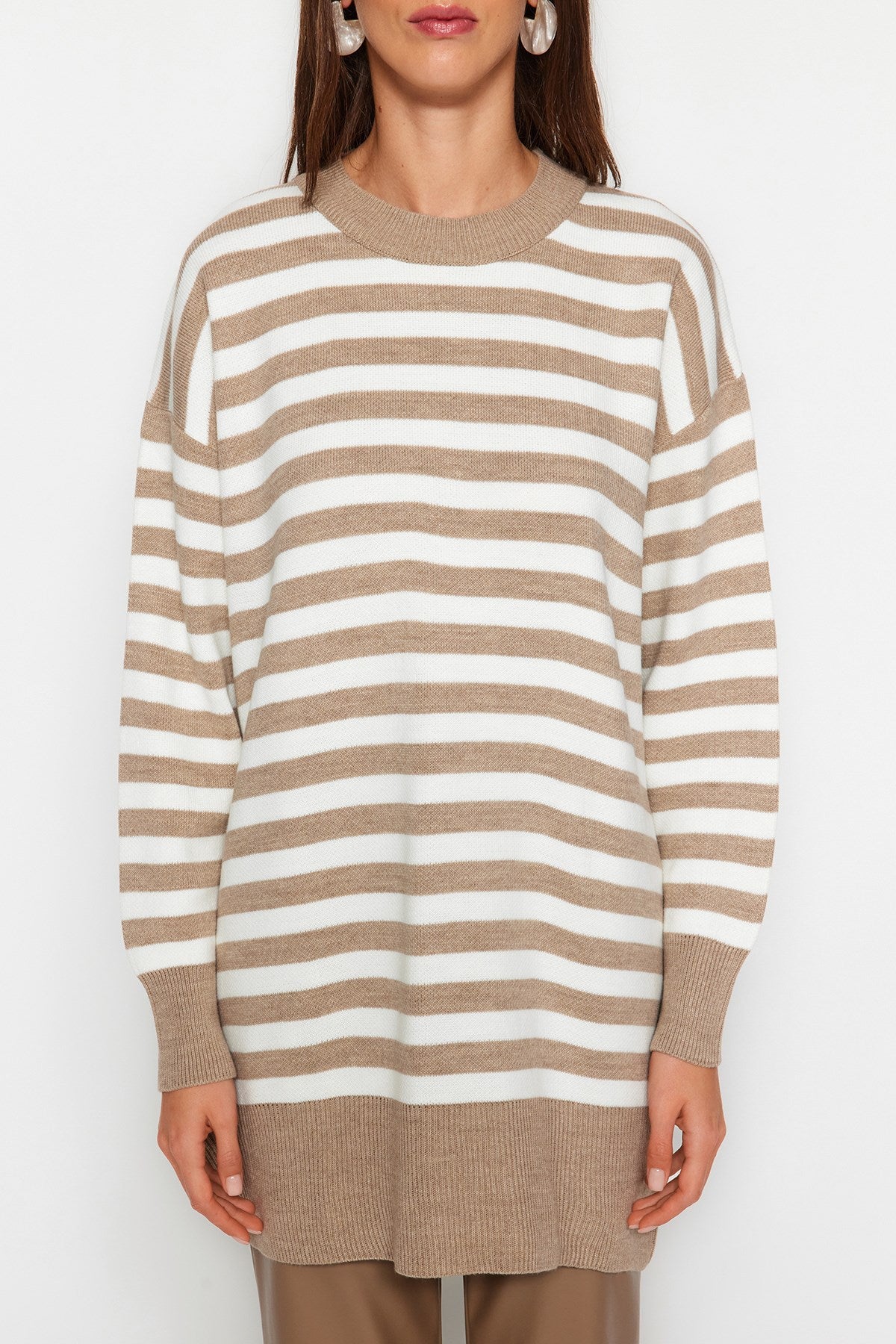 Beige Striped Knitwear Sweater Tctaw24ak00186