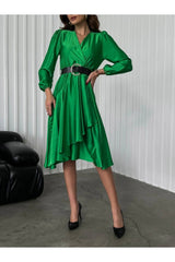 Grass Green Satin Belted Dress Tycl4u9g2n170006104502831